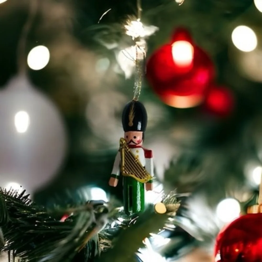 Vintage Wood Toy Soldier Harp Player Christmas Ornament Green 1.5x3.75
